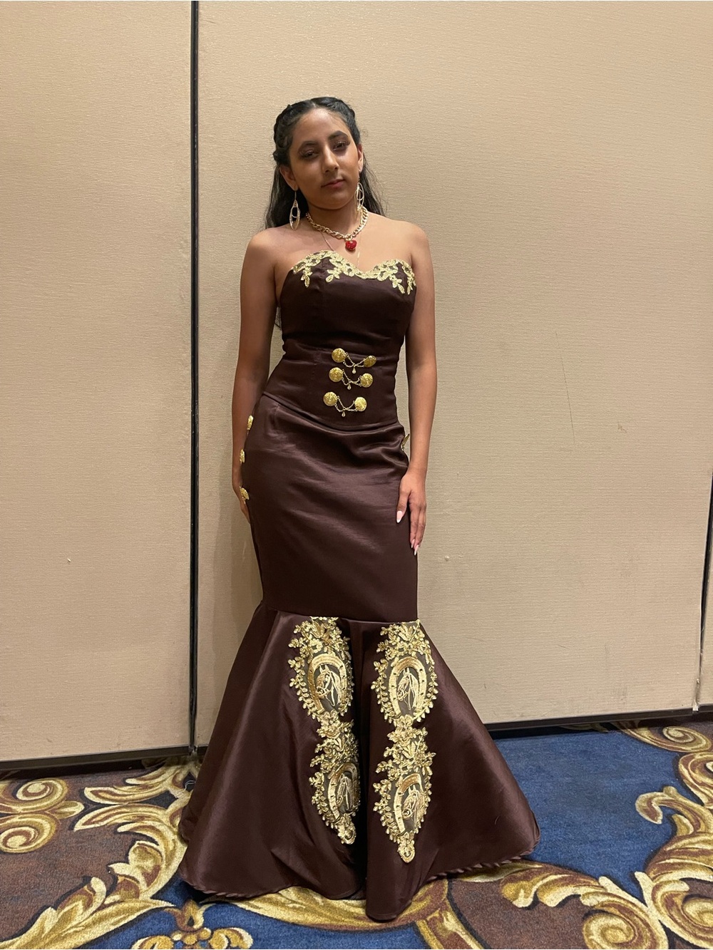 Strapless Brown Mermaid Dress with Gold Embellishment